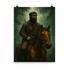 Subcomandante Marcos on horseback in jungle mist poster on a plain backdrop in size 8"x10".