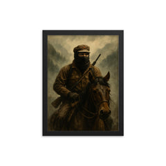 Subcomandante Marcos on horseback in mountain fog framed print on a plain backdrop in size 12"x16".