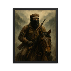 Subcomandante Marcos on horseback in mountain fog framed print on a plain backdrop in size 16"x20".