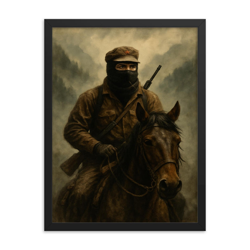 Subcomandante Marcos on horseback in mountain fog framed print on a plain backdrop in size 18