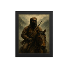 Subcomandante Marcos on horseback in mountain fog framed print on a plain backdrop in size 8"x10".