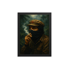 Subcomandante Marcos smoking beneath jungle mist framed print on a plain backdrop in size 12"x16".