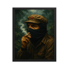 Subcomandante Marcos smoking beneath jungle mist framed print on a plain backdrop in size 16"x20".