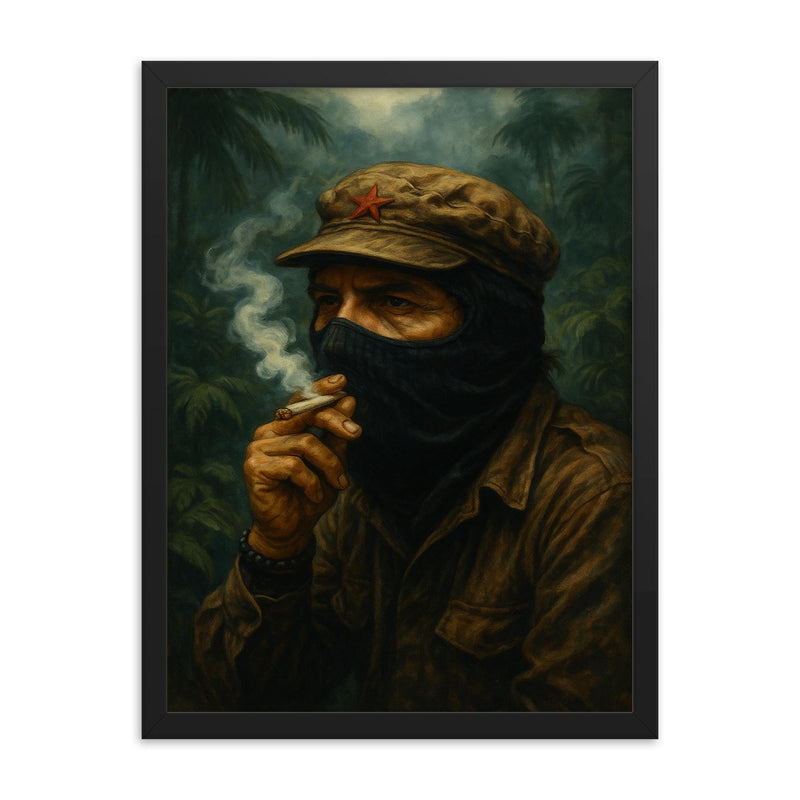 Subcomandante Marcos smoking beneath jungle mist framed print on a plain backdrop in size 18