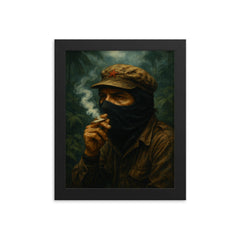 Subcomandante Marcos smoking beneath jungle mist framed print on a plain backdrop in size 8"x10".
