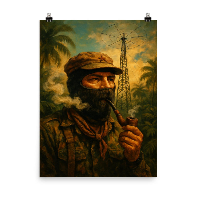 Subcomandante Marcos smoking pipe beneath jungle radio antenna poster on a plain backdrop in size 8