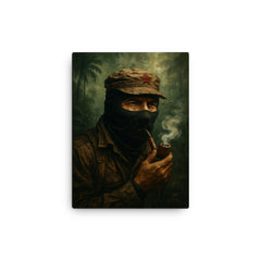 Subcomandante Marcos smoking pipe in jungle mist canvas print on a plain backdrop in size 12"x16".