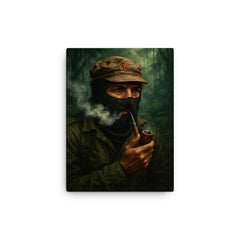 Subcomandante Marcos smoking pipe in jungle mist canvas print on a plain backdrop in size 12"x16".