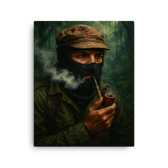 Subcomandante Marcos smoking pipe in jungle mist canvas print on a plain backdrop in size 16"x20".