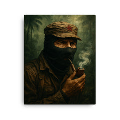 Subcomandante Marcos smoking pipe in jungle mist canvas print on a plain backdrop in size 16"x20".