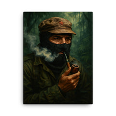 Subcomandante Marcos smoking pipe in jungle mist canvas print on a plain backdrop in size 18"x24".