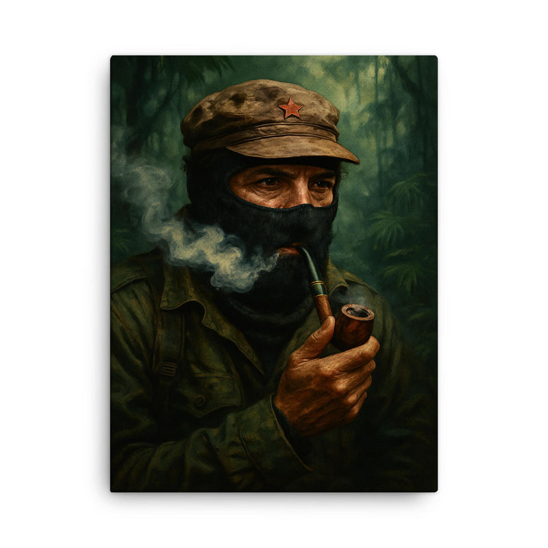 Subcomandante Marcos smoking pipe in jungle mist canvas print on a plain backdrop in size 18