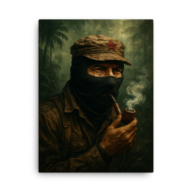 Subcomandante Marcos smoking pipe in jungle mist canvas print on a plain backdrop in size 18