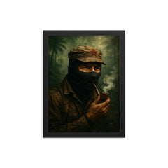Subcomandante Marcos smoking pipe in jungle mist framed print on a plain backdrop in size 12"x16".