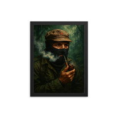 Subcomandante Marcos smoking pipe in jungle mist framed print on a plain backdrop in size 12"x16".