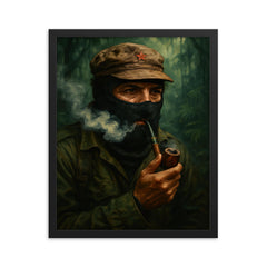 Subcomandante Marcos smoking pipe in jungle mist framed print on a plain backdrop in size 16"x20".