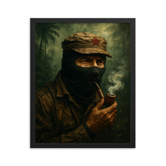 Subcomandante Marcos smoking pipe in jungle mist framed print on a plain backdrop in size 16"x20".