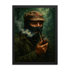 Subcomandante Marcos smoking pipe in jungle mist framed print on a plain backdrop in size 18"x24".