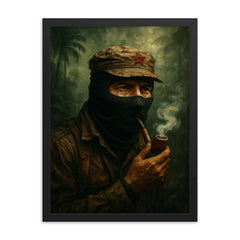 Subcomandante Marcos smoking pipe in jungle mist framed print on a plain backdrop in size 18"x24".