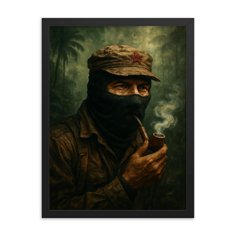 Subcomandante Marcos smoking pipe in jungle mist framed print on a plain backdrop in size 18