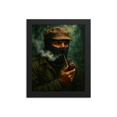 Subcomandante Marcos smoking pipe in jungle mist framed print on a plain backdrop in size 8"x10".