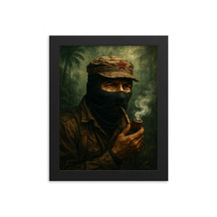 Subcomandante Marcos smoking pipe in jungle mist framed print on a plain backdrop in size 8"x10".