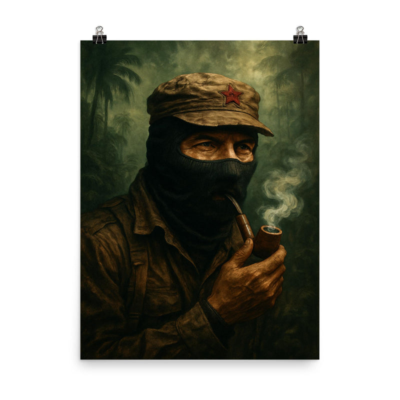 Subcomandante Marcos smoking pipe in jungle mist poster on a plain backdrop in size 8