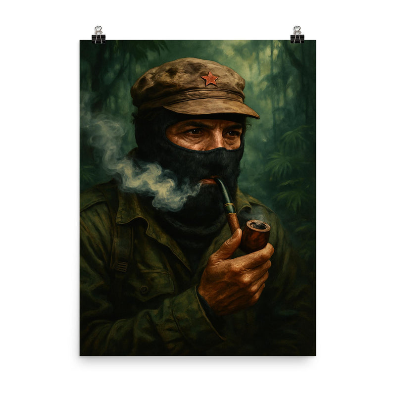Subcomandante Marcos smoking pipe in jungle mist poster on a plain backdrop in size 8