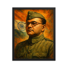Subhas Chandra Bose framed print on a plain backdrop in size 16"x20".