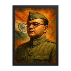 Subhas Chandra Bose framed print on a plain backdrop in size 18"x24".