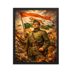 Subhas Chandra Bose in Azad Hind command framed print on a plain backdrop in size 16"x20".