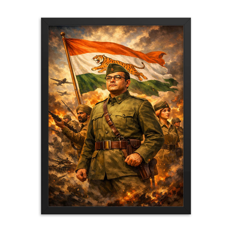 Subhas Chandra Bose in Azad Hind command framed print on a plain backdrop in size 18