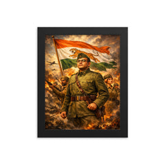 Subhas Chandra Bose in Azad Hind command framed print on a plain backdrop in size 8"x10".