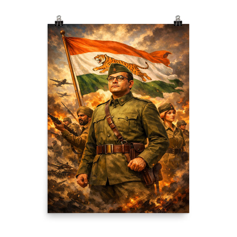 Subhas Chandra Bose in Azad Hind command poster on a plain backdrop in size 8