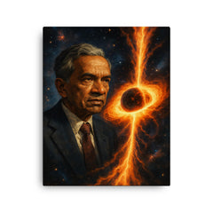 Subrahmanyan Chandrasekhar and collapsing stars canvas print on a plain backdrop in size 16"x20".