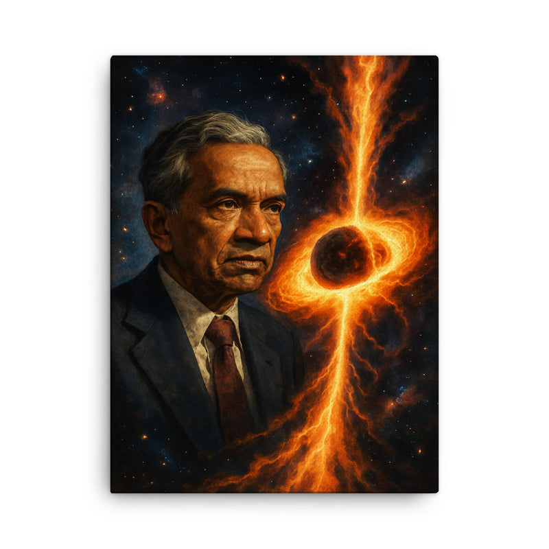 Subrahmanyan Chandrasekhar and collapsing stars canvas print on a plain backdrop in size 18