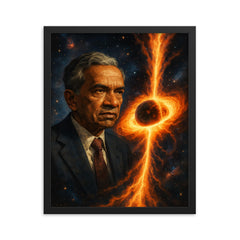Subrahmanyan Chandrasekhar and collapsing stars framed print on a plain backdrop in size 16"x20".