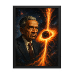 Subrahmanyan Chandrasekhar and collapsing stars framed print on a plain backdrop in size 18"x24".