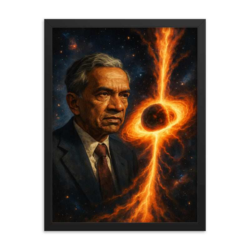Subrahmanyan Chandrasekhar and collapsing stars framed print on a plain backdrop in size 18