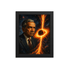 Subrahmanyan Chandrasekhar and collapsing stars framed print on a plain backdrop in size 8"x10".
