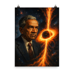 Subrahmanyan Chandrasekhar and collapsing stars poster on a plain backdrop in size 8"x10".