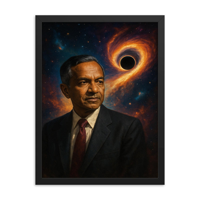 Subrahmanyan Chandrasekhar and the collapse limit framed print on a plain backdrop in size 18