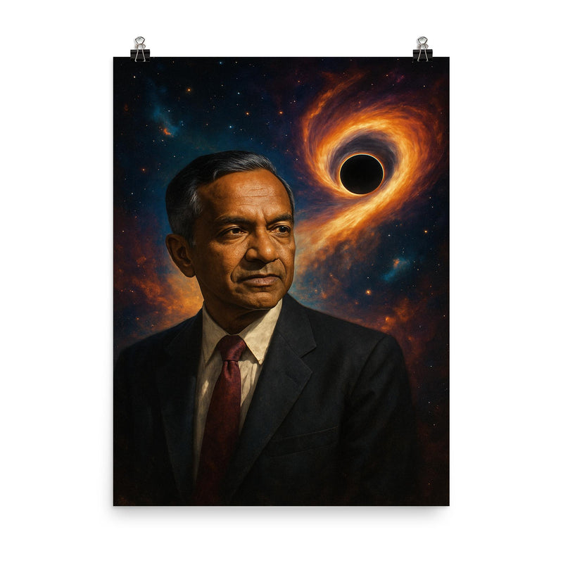 Subrahmanyan Chandrasekhar and the collapse limit poster on a plain backdrop in size 8