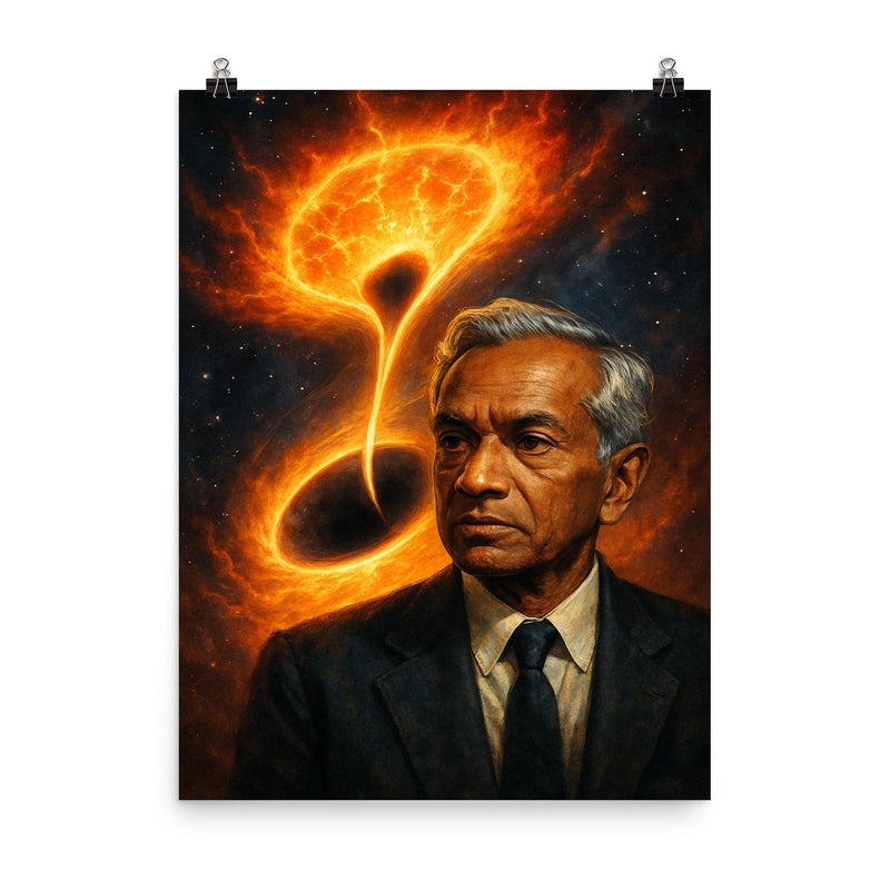 Subrahmanyan Chandrasekhar under collapsing star geometry poster on a plain backdrop in size 8