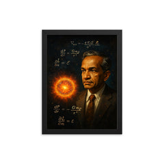 Subrahmanyan Chandrasekhar under stellar equations framed print on a plain backdrop in size 12"x16".