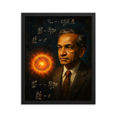Subrahmanyan Chandrasekhar under stellar equations framed print on a plain backdrop in size 16"x20".