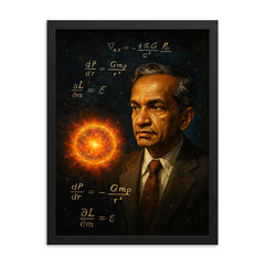 Subrahmanyan Chandrasekhar under stellar equations framed print on a plain backdrop in size 18"x24".