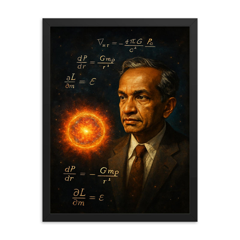 Subrahmanyan Chandrasekhar under stellar equations framed print on a plain backdrop in size 18