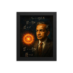 Subrahmanyan Chandrasekhar under stellar equations framed print on a plain backdrop in size 8"x10".