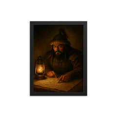 Subutai studying campaign routes under lamplight framed print on a plain backdrop in size 12"x16".